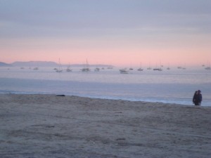Hazy ships at sea during sunset in Santa Barbara