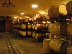 Stacks of wine barrels housing some of Napa's exquisite wine.