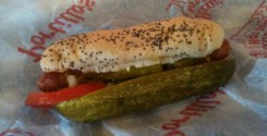 An eclectic mix of toppings (at least to me) makes up a Chicago style hot dog.