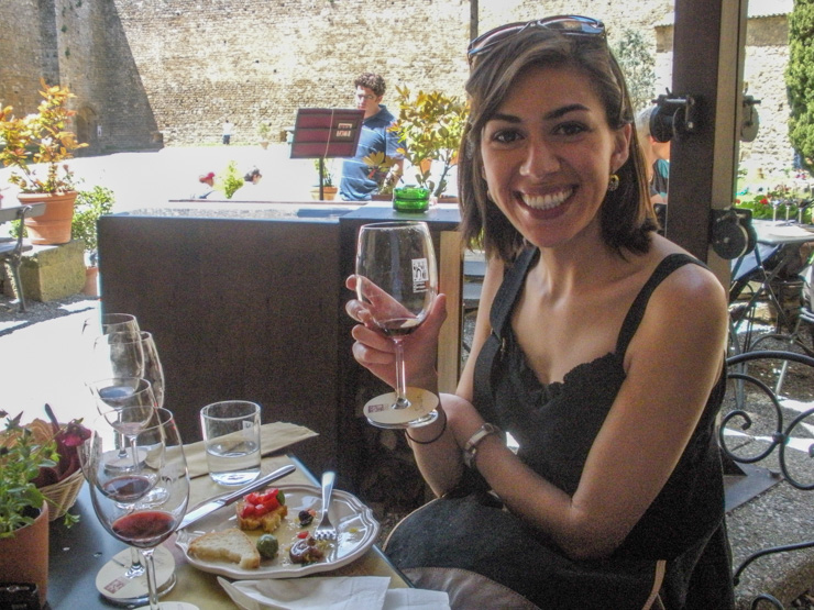 Sipping Brunello di Montalcino at the Enoteca Fortezza in Montalcino, a great town in Tuscany for wine tasting.