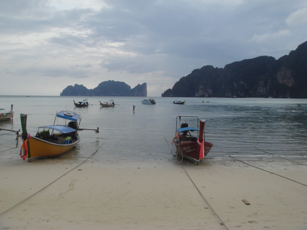 Long Boats with Ko Phi Phi Leh in the distance.