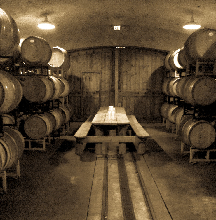 Wine barrel filled tasting room in Napa Valley.