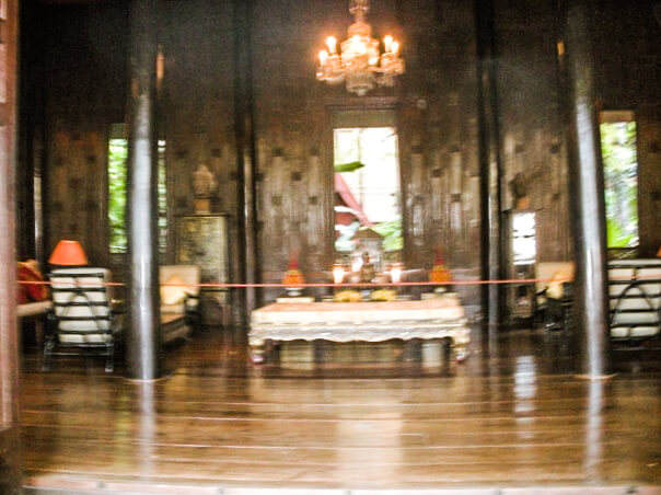 The inside of the living room in the Jim Thompson House taken from outside the entryway doors as visitors are not allowed to take pictures inside the house. My camera was not a fan of this apparently, hence the blurry photo! But it still gives you a glance at the decor you'll see. 