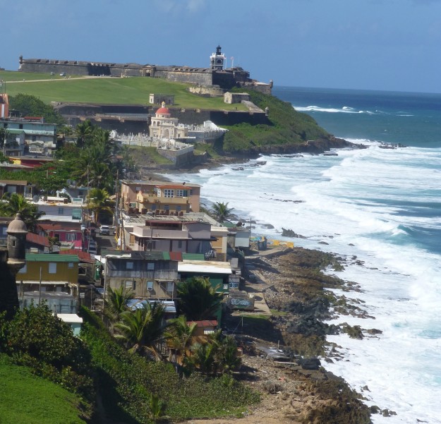 A view of the San Juan coast from Castillo San Cristobal looking onward to El Morro fort. 