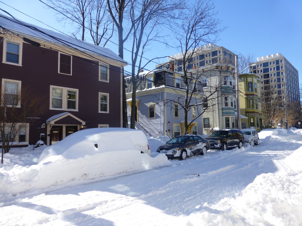 Snowy Boston suburb after a snowstorm in New England.