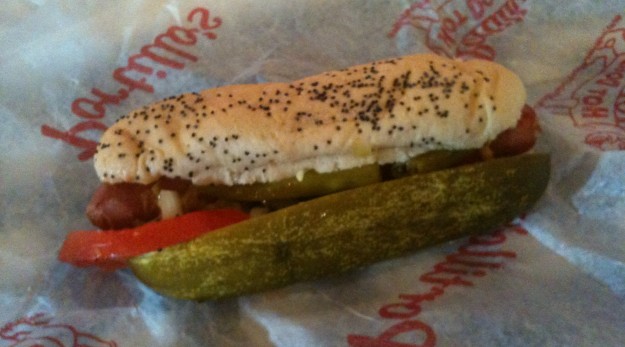 An eclectic mix of toppings (at least to me) makes up a Chicago style hot dog.