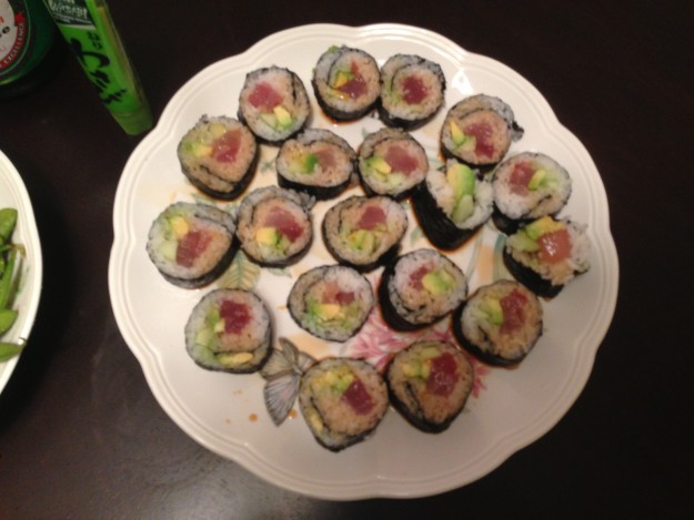 Making Sushi Rolls: My sushi rolls - make sure you have a sharp knife when cutting the roll into pieces.