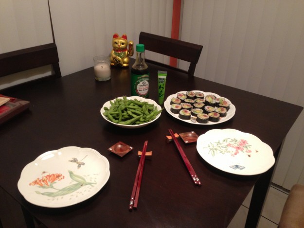 Making sushi rolls at home.