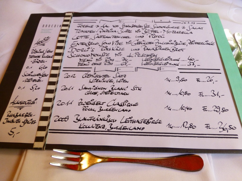 The menu at Broeding Restaurant in Munich