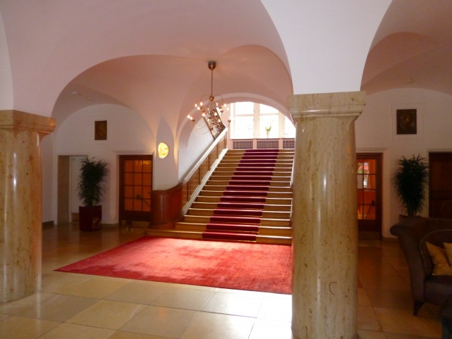 The dramatic entryway at Schloss Elmau.
