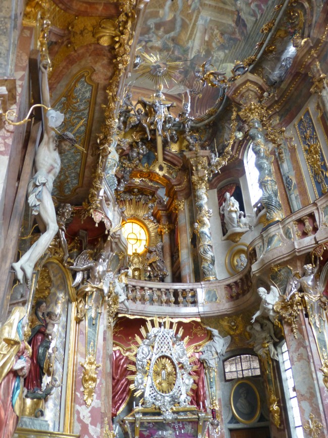 The altar of Asamkirche in Munich is awash in Baroque accents and decor. 