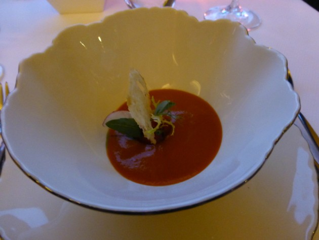 Tomato and cucumber with strawberry amuse bouche at Bellevue Restaurant in Prague.