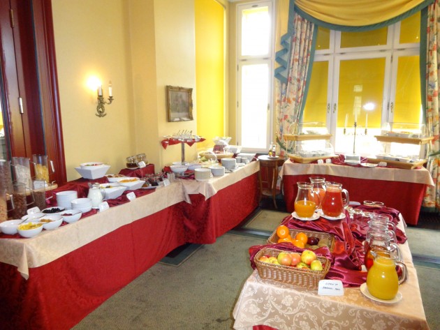 Breakfast is served with a country charm at Le Palais Hotel in Prague.