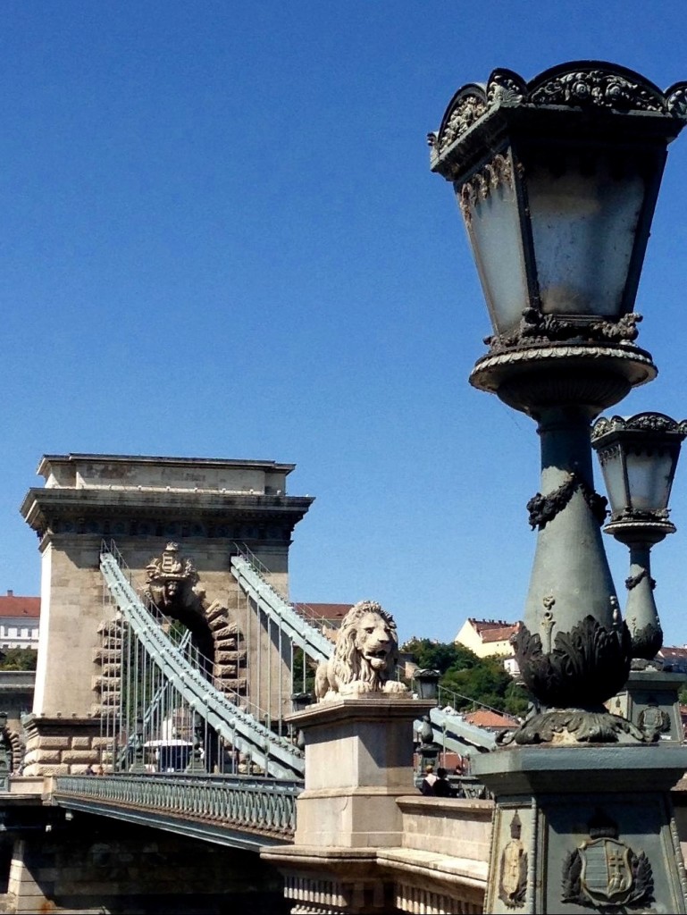 Stone Lions on Chain Bridge in Budapest. 