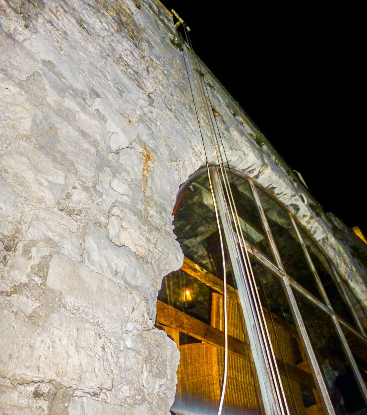 A pulley system on the side of the tower delivers drinks at Korcula's tower bar, Massimo Cocktail Bar