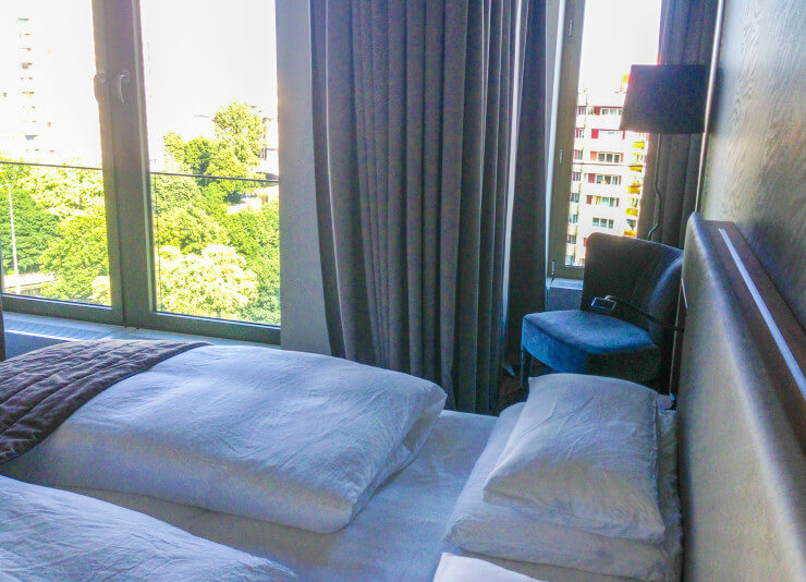 Window-side reading nook in my room at Cosmo Hotel in Berlin.