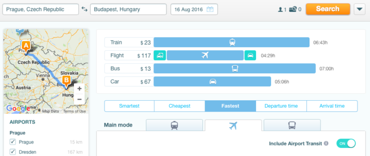 Screen shot of GoEuro's helpful graph for options of getting from Prague to Budapest. 