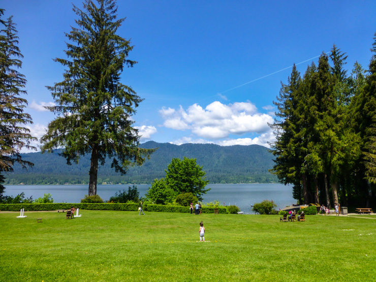 Quinault Lake with the trail leading to the beach to the far right. 