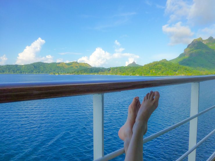 Relaxing on a cruise ship balcony in Bora Bora.