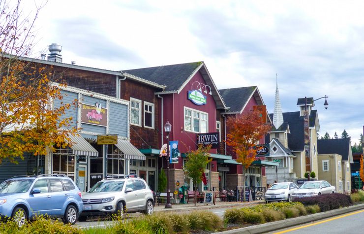 Cute little buildings in downtown Duvall, Washington in King County.