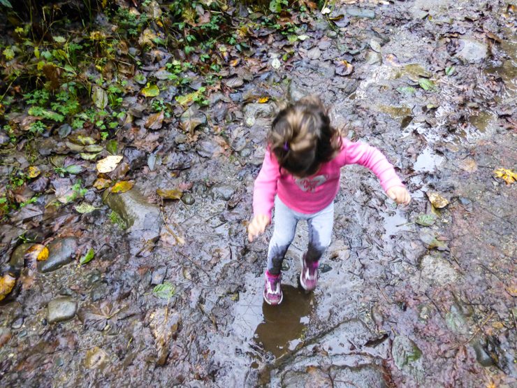 Jumping in puddles on a toddler hike in the Cascade Mountain Range in Washington.