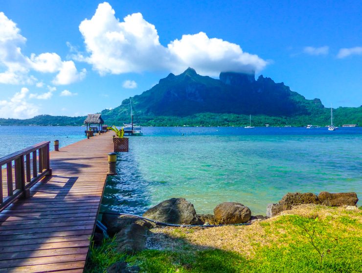 Pier overlooking the peak of Bora Bora in French Polynesia.