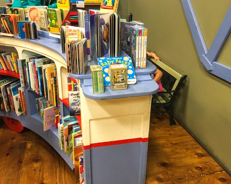 Train bookshelf in Phinney Bookstore.