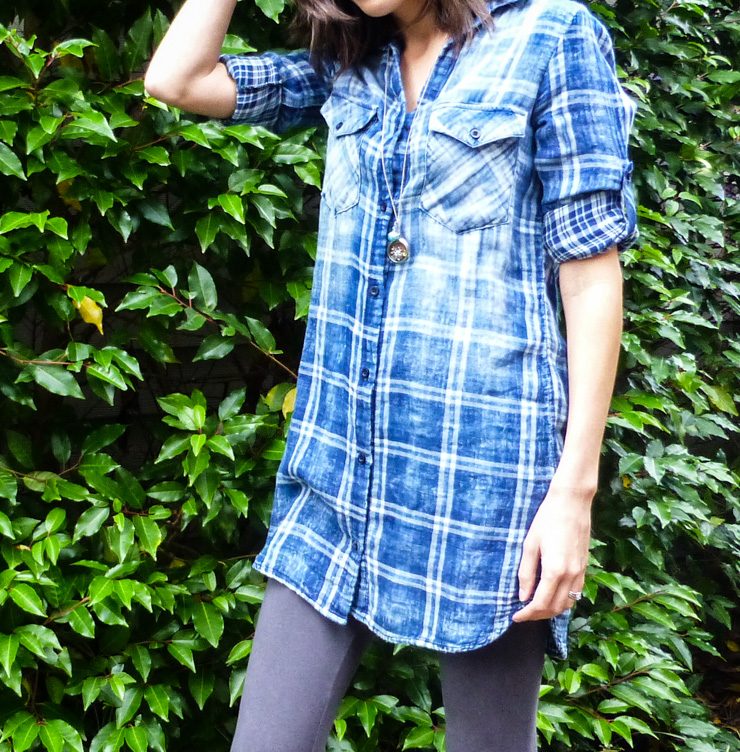Long tunic plaid shirt to wear with leggings.