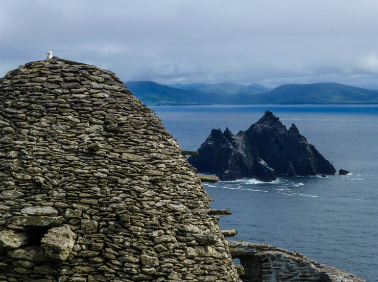 Skellig Rocks and the Ring of Kerry landscape in the distance. 