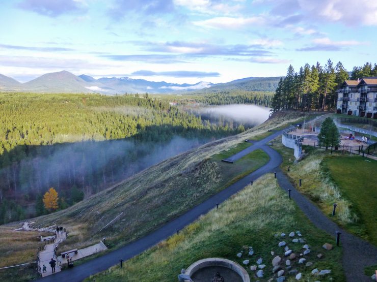 The Suncadia Resort pool house off in the distance and the (fire free in the daylight) bonfire pit at the bottom of this picture. 