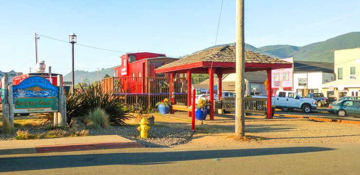 Old train depot and main street in Rockaway Beach. 