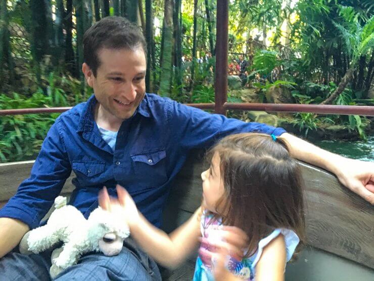 Toddler excited about elephants on the Jungle Cruise ride at Disneyland