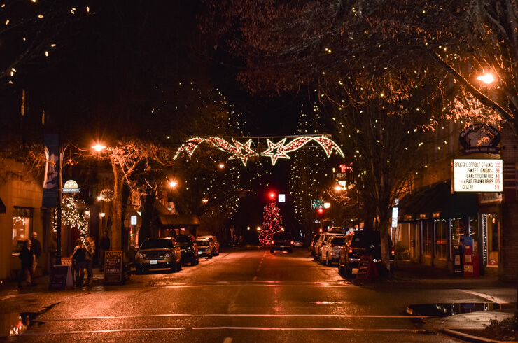 Downtown McMinnville at night around the holidays. 