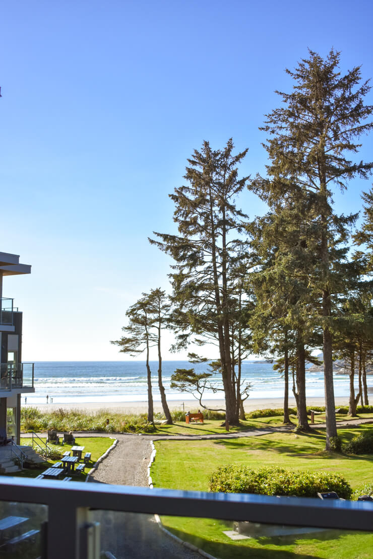 View of Cox Bay in Tofino from balcony of Pacific Sands Beach Resort