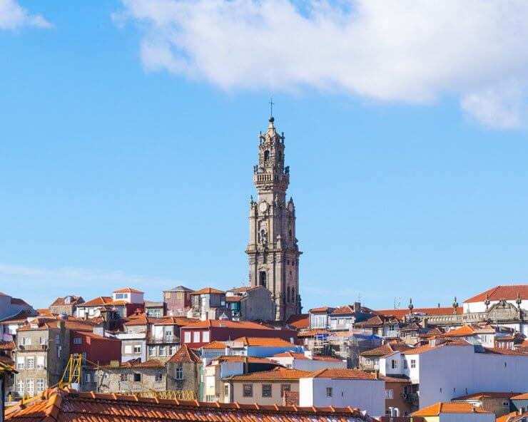 Beautiful rooftop and Clérigos Tower view in Porto, Portugal. 