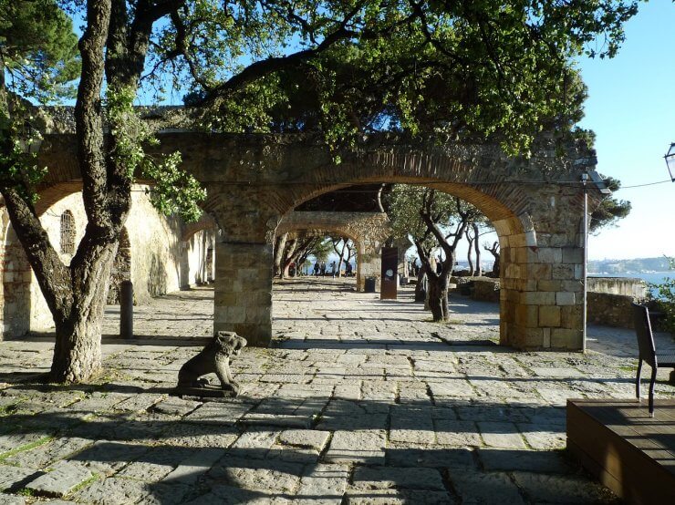 Beautiful walking path overlooking the city of Lisbon in Sao Jorge Castle. 