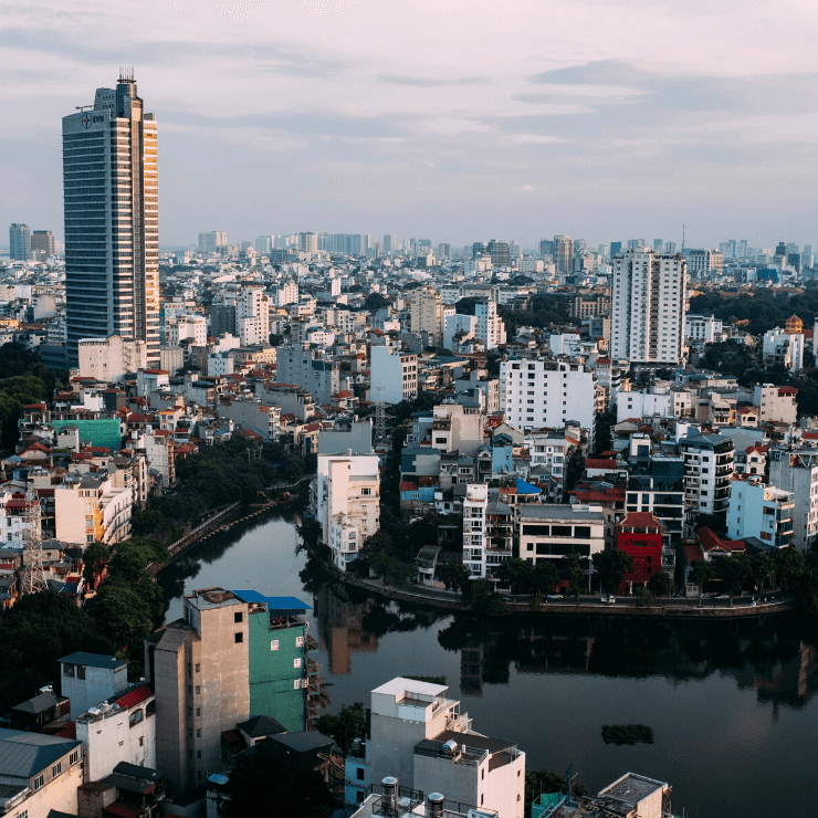 Hanoi, Vietnam: An aerial shot of the city skyline. 