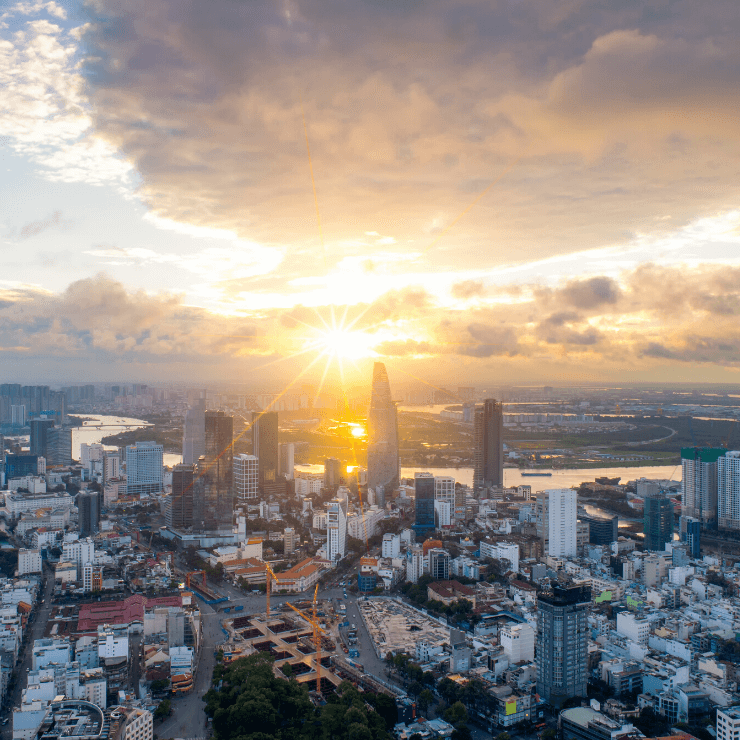 Bird's eye view of Ho Chi Minh City, Vietnam at sunset