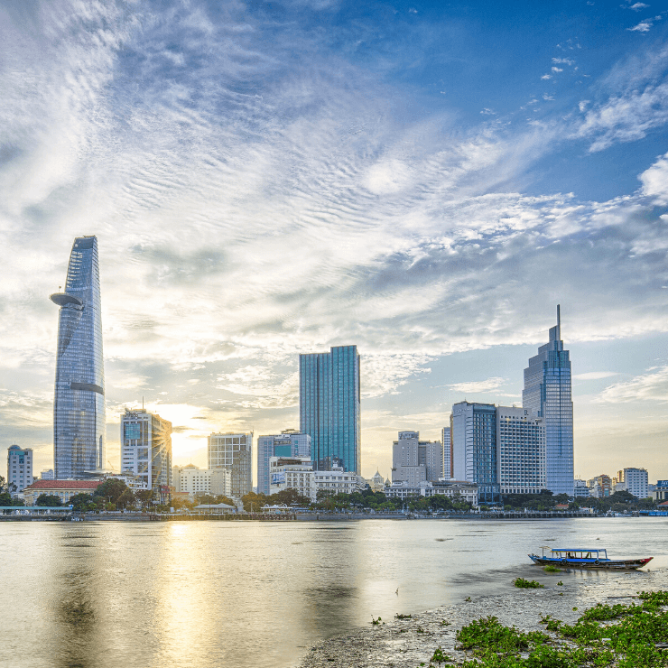 Skyline view of Ho Chi Minh City sen from across the water. 