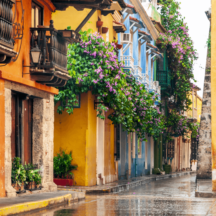 Colorful street with flower boxes in Cartagena, Colombia