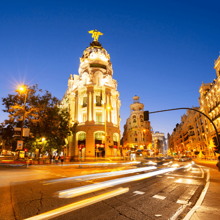 View of a street in Madrid, Spain at night