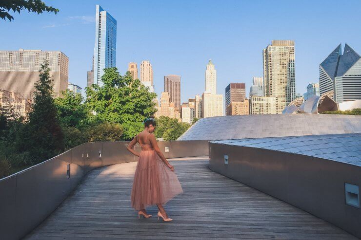 Walking along the BP Pedestrian Bridge in Chicago