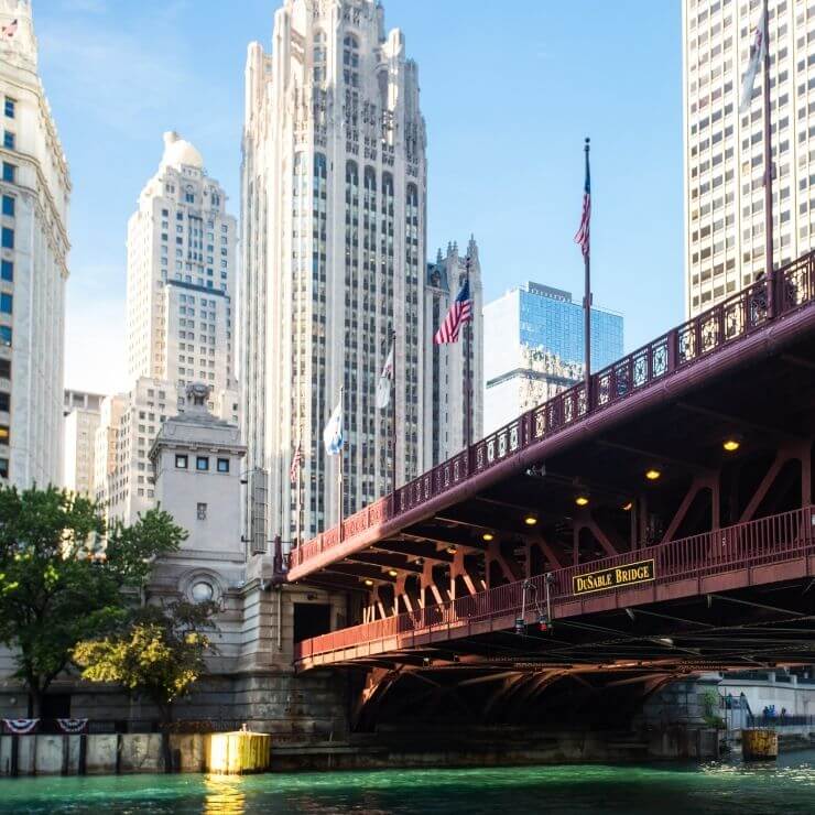 DuSable Bridge in downtown Chicago. Put crossing it on your 24 hour Chicago itinerary. 