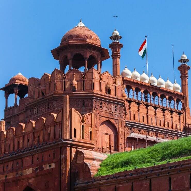 Red Fort in Delhi, also referred to as Lal Quila, on a clear, sunny day. 