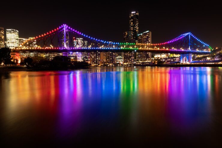 Colorful lights on the Story Bridge in Brisbane. 