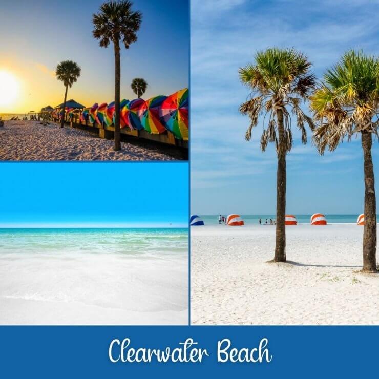 Clearwater Beach is one of the most beautiful beaches in Florida, with colorful cabanas, turquoise water, white sand, and tall palm trees. 