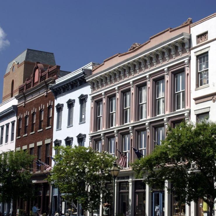 Stately buildings along King Street in Charleston, South Carolina. King Street is a great place to do some shopping during your day in Charleston.