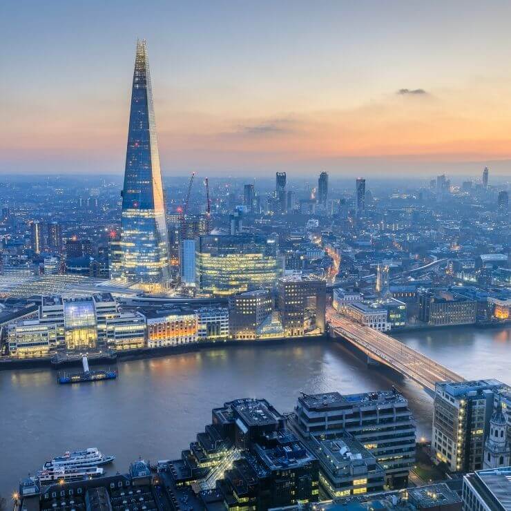 View of the Shard, river, and more of London from Sky Garden.