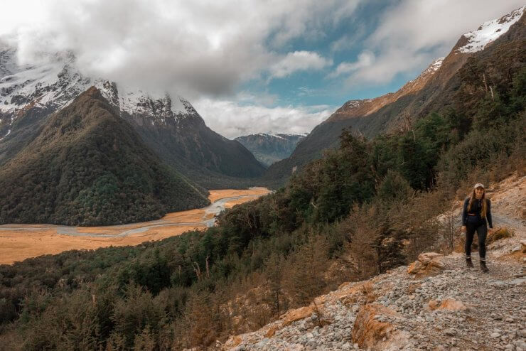 Hiking along the Routeburn Track, one of the Great Walks of New Zealand located on the South Island
