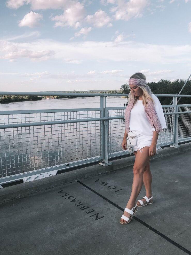 Walking along the Bob Kerry Pedestrian Bridge in Omaha, Nebraska.